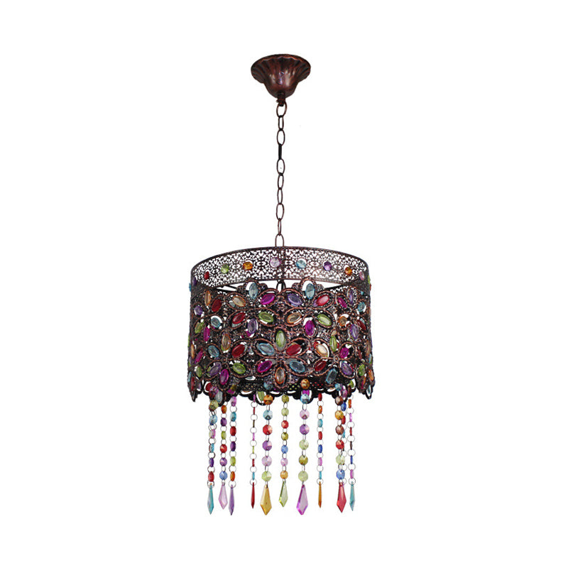 Bohemian Dome/Cylinder Pendulum Light Single-Bulb Stained Glass Ceiling Suspension Lamp in Copper with Fringe Clearhalo 'Ceiling Lights' 'Pendant Lights' 'Pendants' Lighting' 1972462