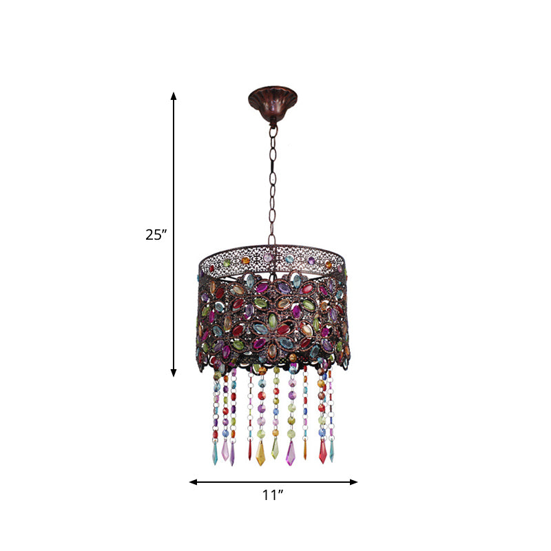 Bohemian Dome/Cylinder Pendulum Light Single-Bulb Stained Glass Ceiling Suspension Lamp in Copper with Fringe Clearhalo 'Ceiling Lights' 'Pendant Lights' 'Pendants' Lighting' 1972463