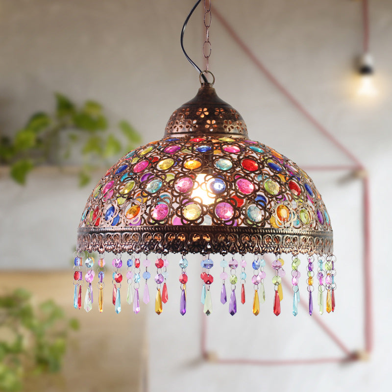 Gourd Bistro Hanging Pendant Bohemian Style Metal 1 Bulb Bronze/Copper Ceiling Light with Fringe and Bead Decor, 12"/16" W Clearhalo 'Ceiling Lights' 'Pendant Lights' 'Pendants' Lighting' 1972471