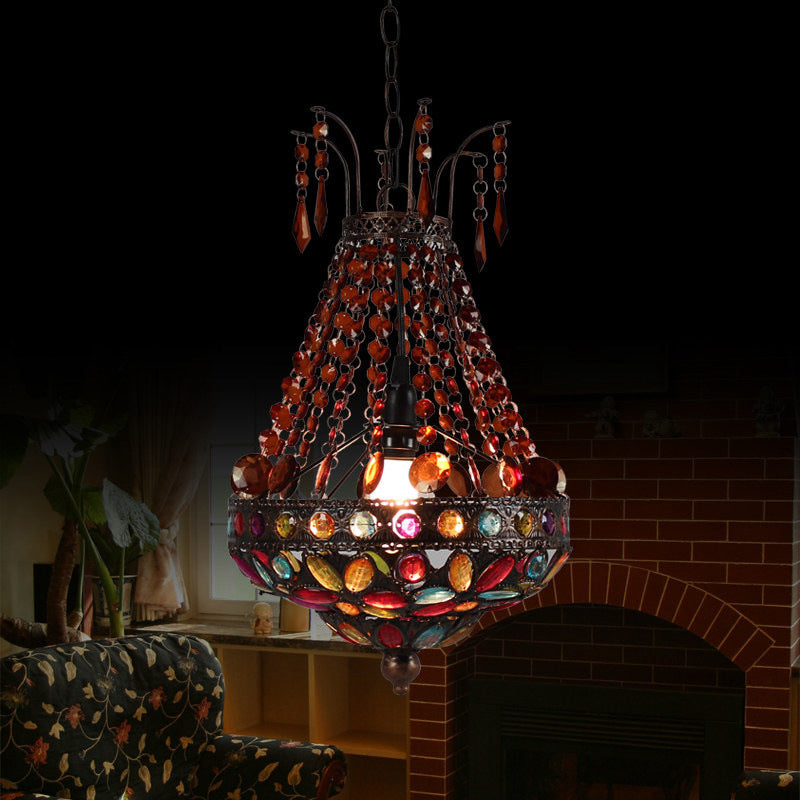 Stained Glass Beaded Teardrop Pendant Bohemian 1 Head Dining Room Hanging Ceiling Light in Copper Clearhalo 'Ceiling Lights' 'Pendant Lights' 'Pendants' Lighting' 1972478