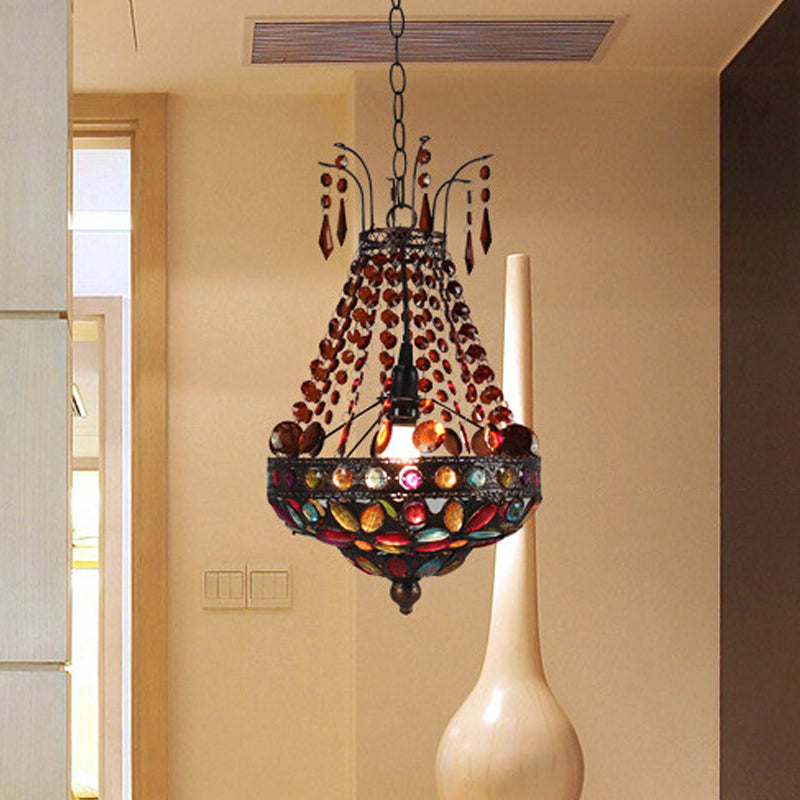 Stained Glass Beaded Teardrop Pendant Bohemian 1 Head Dining Room Hanging Ceiling Light in Copper Clearhalo 'Ceiling Lights' 'Pendant Lights' 'Pendants' Lighting' 1972479