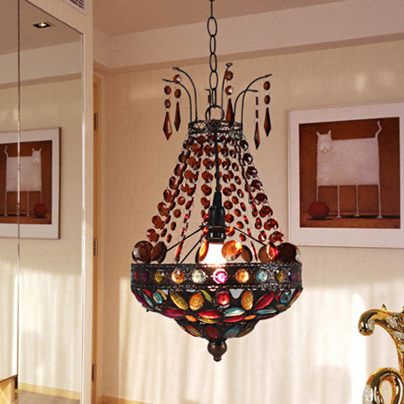 Stained Glass Beaded Teardrop Pendant Bohemian 1 Head Dining Room Hanging Ceiling Light in Copper Clearhalo 'Ceiling Lights' 'Pendant Lights' 'Pendants' Lighting' 1972480