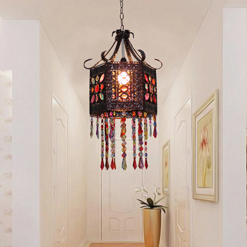 1-Head Stained Art Glass Pendant Lighting Bohemia Copper Hexagon Lantern Bedroom Ceiling Hang Light with Scroll Arm Clearhalo 'Ceiling Lights' 'Pendant Lights' 'Pendants' Lighting' 1972485