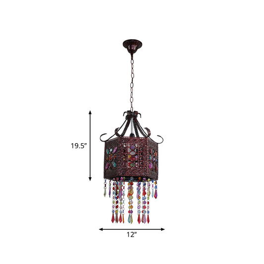 1-Head Stained Art Glass Pendant Lighting Bohemia Copper Hexagon Lantern Bedroom Ceiling Hang Light with Scroll Arm Clearhalo 'Ceiling Lights' 'Pendant Lights' 'Pendants' Lighting' 1972487