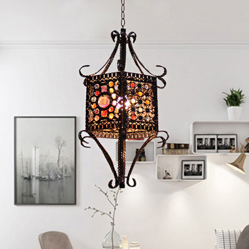 1-Head Stained Art Glass Pendant Lighting Bohemia Copper Hexagon Lantern Bedroom Ceiling Hang Light with Scroll Arm Clearhalo 'Ceiling Lights' 'Pendant Lights' 'Pendants' Lighting' 1972488