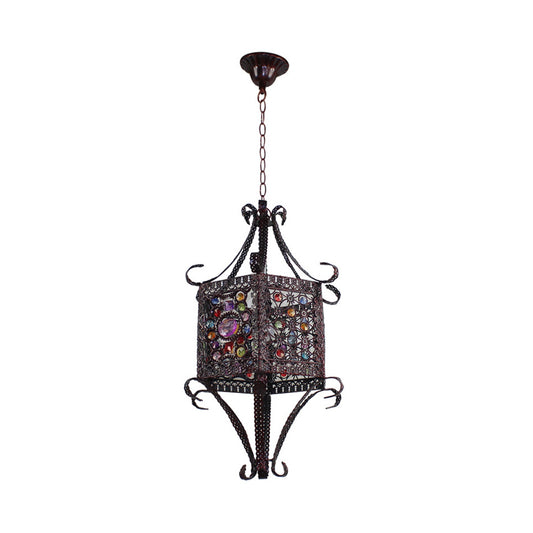 1-Head Stained Art Glass Pendant Lighting Bohemia Copper Hexagon Lantern Bedroom Ceiling Hang Light with Scroll Arm Clearhalo 'Ceiling Lights' 'Pendant Lights' 'Pendants' Lighting' 1972490