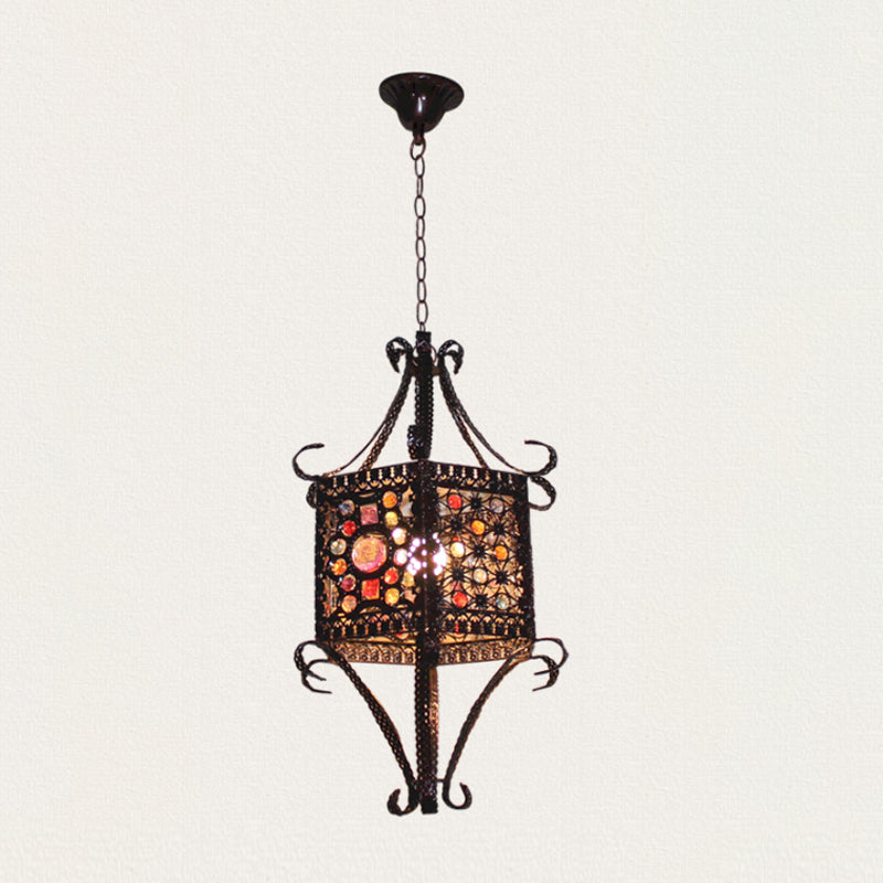 1-Head Stained Art Glass Pendant Lighting Bohemia Copper Hexagon Lantern Bedroom Ceiling Hang Light with Scroll Arm Clearhalo 'Ceiling Lights' 'Pendant Lights' 'Pendants' Lighting' 1972491