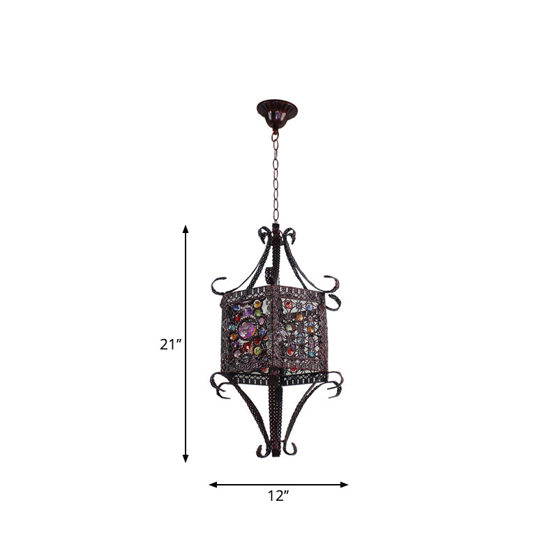 1-Head Stained Art Glass Pendant Lighting Bohemia Copper Hexagon Lantern Bedroom Ceiling Hang Light with Scroll Arm Clearhalo 'Ceiling Lights' 'Pendant Lights' 'Pendants' Lighting' 1972492