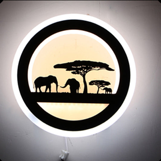 Nordic LED Wall Light Sconce Black Round/Elephant/Giraffe Ultrathin Wall Mounted Lamp with Acrylic Shade in Warm/White Light Black Elephant Clearhalo 'Modern wall lights' 'Modern' 'Wall Lamps & Sconces' 'Wall Lights' Lighting' 1972547