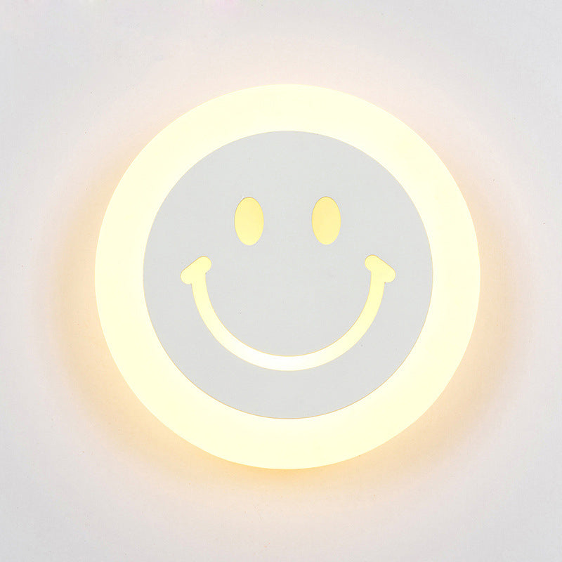 Thin Round LED Wall Light Kit Cartoon Acrylic White Smiley Wall Sconce in Warm/White Light for Bedroom White Clearhalo 'Modern wall lights' 'Modern' 'Wall Lamps & Sconces' 'Wall Lights' Lighting' 1972584