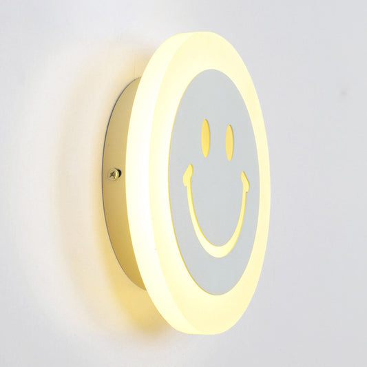 Thin Round LED Wall Light Kit Cartoon Acrylic White Smiley Wall Sconce in Warm/White Light for Bedroom Clearhalo 'Modern wall lights' 'Modern' 'Wall Lamps & Sconces' 'Wall Lights' Lighting' 1972587