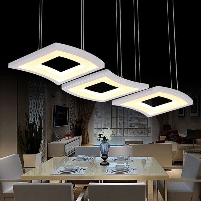 Acrylic Curve Pendant Lighting Minimalist 3-Light White LED Square Ceiling Hang Lamp in Warm/White Light White Clearhalo 'Ceiling Lights' 'Modern Pendants' 'Modern' 'Pendant Lights' 'Pendants' Lighting' 1972645