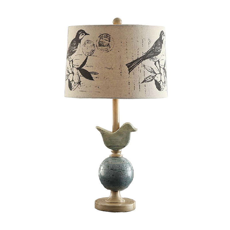 Printed Fabric Drum Table Lamp Novelty Modern Single Beige Night Light with Bird and Globe Base Beige Clearhalo 'Lamps' 'Table Lamps' Lighting' 1972733