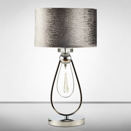 Brushed Grey Drum Table Lamp Contemporary 1-Light Fabric Night Light with Open Teardrop Stand Grey Clearhalo 'Lamps' 'Table Lamps' Lighting' 1972750