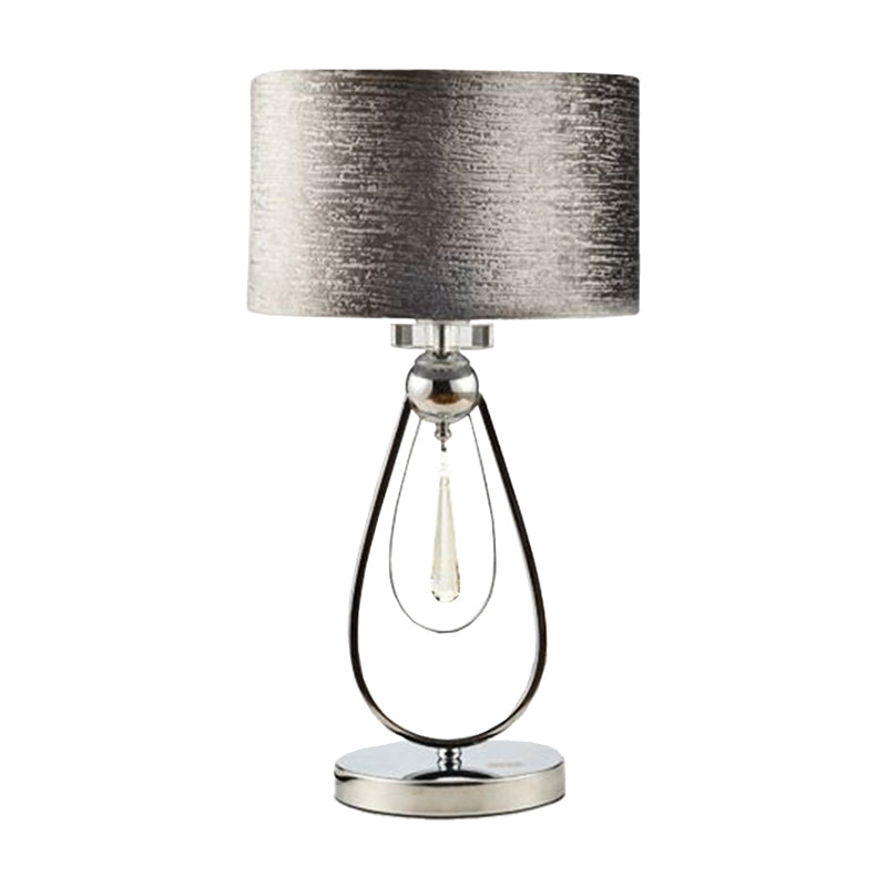 Brushed Grey Drum Table Lamp Contemporary 1-Light Fabric Night Light with Open Teardrop Stand Clearhalo 'Lamps' 'Table Lamps' Lighting' 1972752