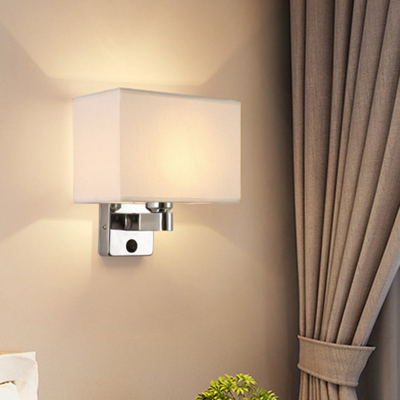 1-Light Bedroom Wall Lamp Nordic Black/White/Beige and Chrome Wall Sconce with Oval/Square Fabric Shade White Square Plate Clearhalo 'Cast Iron' 'Glass' 'Industrial' 'Modern wall lights' 'Modern' 'Tiffany' 'Traditional wall lights' 'Wall Lamps & Sconces' 'Wall Lights' Lighting' 1972832