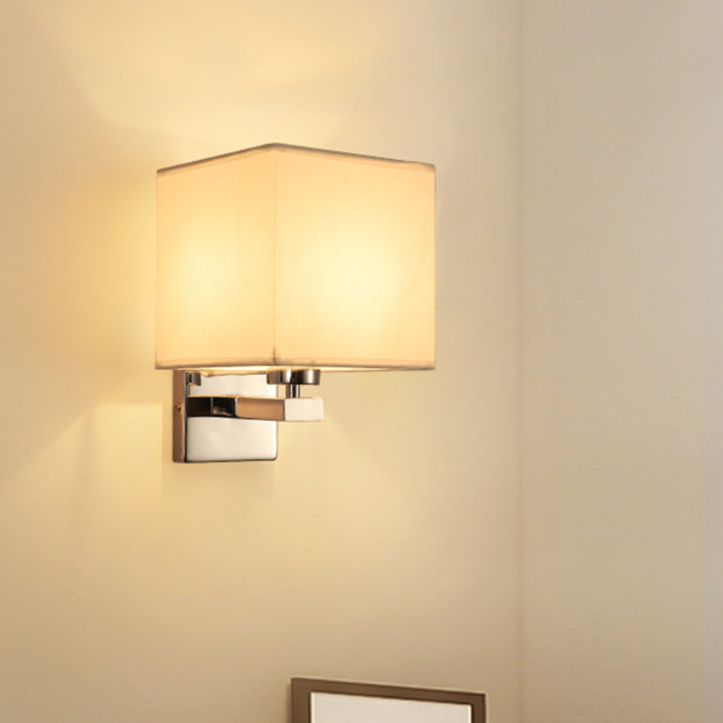 Beige/Flaxen/Coffee Cube Wall Light Nordic Style 1 Head Fabric Wall Mounted Light Fixture for Bedroom White Clearhalo 'Cast Iron' 'Glass' 'Industrial' 'Modern wall lights' 'Modern' 'Tiffany' 'Traditional wall lights' 'Wall Lamps & Sconces' 'Wall Lights' Lighting' 1972854