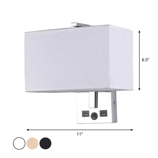 Fabric Rectangle Wall Light Kit Minimalist Single-Bulb Beige/Black/White Wall Lamp Fixture with USB Port Clearhalo 'Cast Iron' 'Glass' 'Industrial' 'Modern wall lights' 'Modern' 'Tiffany' 'Traditional wall lights' 'Wall Lamps & Sconces' 'Wall Lights' Lighting' 1972890
