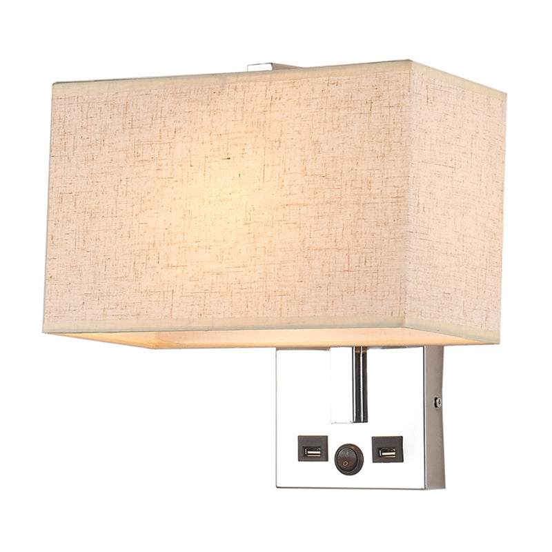 Fabric Rectangle Wall Light Kit Minimalist Single-Bulb Beige/Black/White Wall Lamp Fixture with USB Port Clearhalo 'Cast Iron' 'Glass' 'Industrial' 'Modern wall lights' 'Modern' 'Tiffany' 'Traditional wall lights' 'Wall Lamps & Sconces' 'Wall Lights' Lighting' 1972892