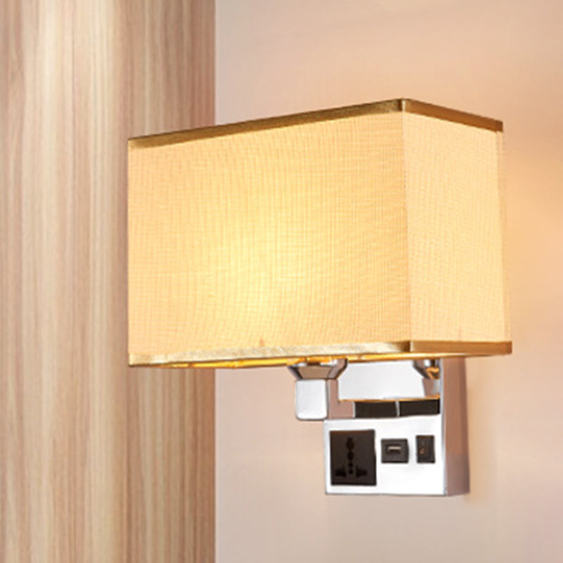 Rectangle Fabric Wall Light Simple Single White/Flaxen Wall Sconce with 3-Hole Socket and USB Charging Port Flaxen Clearhalo 'Cast Iron' 'Glass' 'Industrial' 'Modern wall lights' 'Modern' 'Tiffany' 'Traditional wall lights' 'Wall Lamps & Sconces' 'Wall Lights' Lighting' 1972902