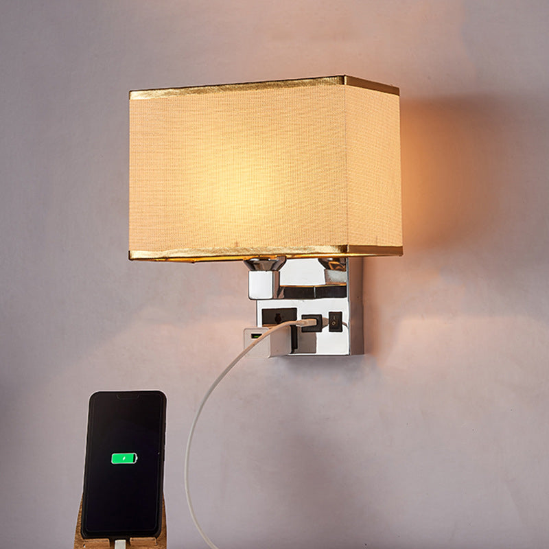 Rectangle Fabric Wall Light Simple Single White/Flaxen Wall Sconce with 3-Hole Socket and USB Charging Port Clearhalo 'Cast Iron' 'Glass' 'Industrial' 'Modern wall lights' 'Modern' 'Tiffany' 'Traditional wall lights' 'Wall Lamps & Sconces' 'Wall Lights' Lighting' 1972903