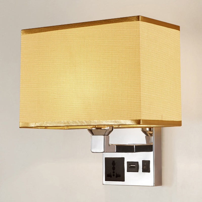 Rectangle Fabric Wall Light Simple Single White/Flaxen Wall Sconce with 3-Hole Socket and USB Charging Port Clearhalo 'Cast Iron' 'Glass' 'Industrial' 'Modern wall lights' 'Modern' 'Tiffany' 'Traditional wall lights' 'Wall Lamps & Sconces' 'Wall Lights' Lighting' 1972905