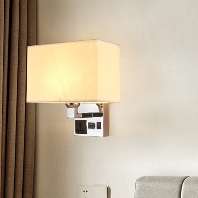 Rectangle Fabric Wall Light Simple Single White/Flaxen Wall Sconce with 3-Hole Socket and USB Charging Port Clearhalo 'Cast Iron' 'Glass' 'Industrial' 'Modern wall lights' 'Modern' 'Tiffany' 'Traditional wall lights' 'Wall Lamps & Sconces' 'Wall Lights' Lighting' 1972908