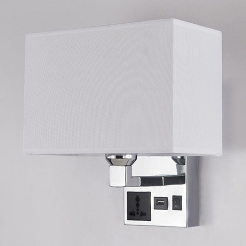 Rectangle Fabric Wall Light Simple Single White/Flaxen Wall Sconce with 3-Hole Socket and USB Charging Port Clearhalo 'Cast Iron' 'Glass' 'Industrial' 'Modern wall lights' 'Modern' 'Tiffany' 'Traditional wall lights' 'Wall Lamps & Sconces' 'Wall Lights' Lighting' 1972910