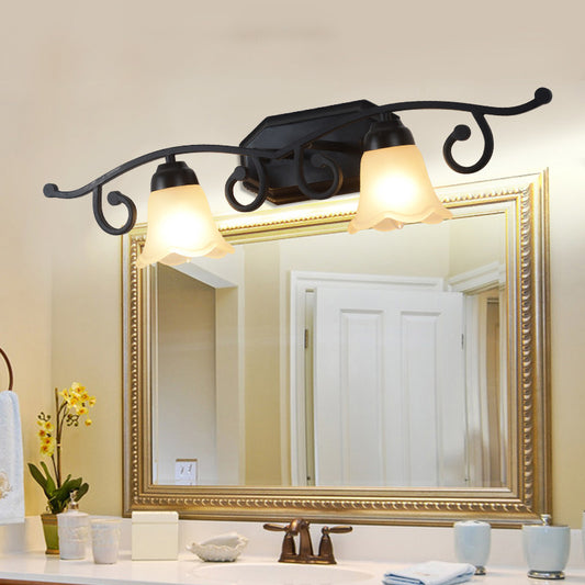 Floral White Glass Shade Vanity Lighting Countryside 2/3 Heads Bathroom Wall Mounted Lamp in Black Clearhalo 'Wall Lamps & Sconces' 'Wall Lights' Lighting' 1981737