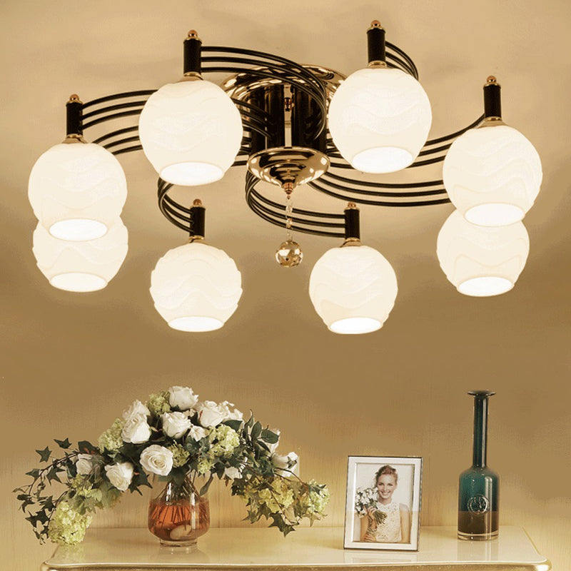 Black 3/6/8 Heads Semi Flush Mount Vintage Style White Glass Swirl Arm Designed Ceiling Light Fixture 8 White Clearhalo 'Ceiling Lights' 'Close To Ceiling Lights' 'Close to ceiling' 'Flush mount' Lighting' 1981741