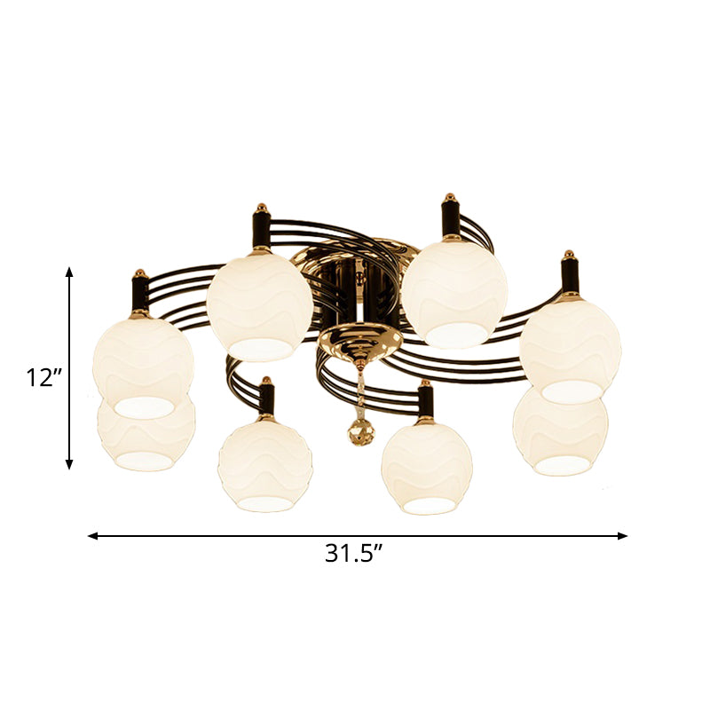 Black 3/6/8 Heads Semi Flush Mount Vintage Style White Glass Swirl Arm Designed Ceiling Light Fixture Clearhalo 'Ceiling Lights' 'Close To Ceiling Lights' 'Close to ceiling' 'Flush mount' Lighting' 1981744