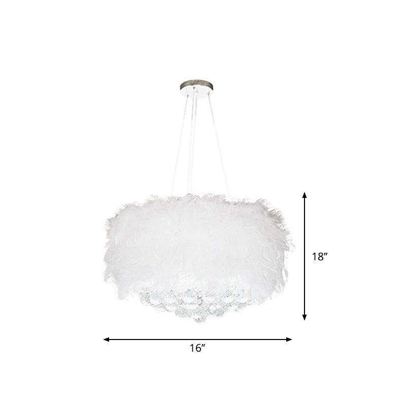 Drum Bedroom Ceiling Pendant Feather 3/9/11-Bulb Minimalist Chandelier Light in White with Crystal Orb, 16"/18"/23.5" W Clearhalo 'Ceiling Lights' 'Chandeliers' 'Modern Chandeliers' 'Modern' Lighting' 1981791