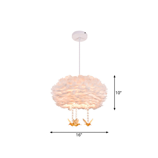 Drum Chandelier Modern Style Feather 3/4/5-Head White Pendant Light with Amber Bird Decor, 16"/19.5"/31.5" Width Clearhalo 'Ceiling Lights' 'Chandeliers' 'Modern Chandeliers' 'Modern' Lighting' 1981801