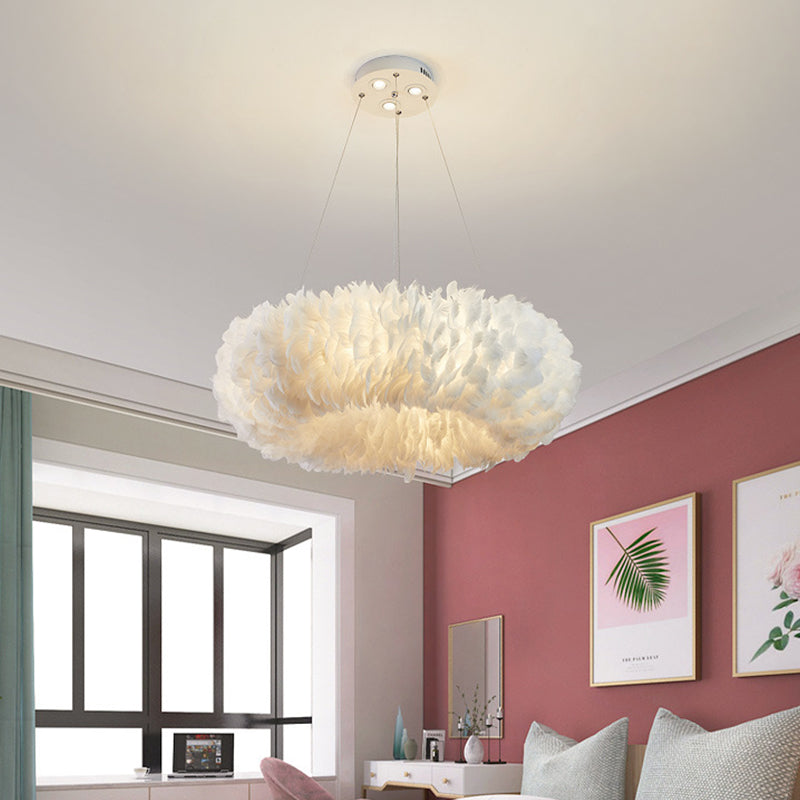 Circular Feather Suspension Pendant Light Simple 19.5"/27.5"/31.5" Wide 8 Bulbs White Hanging Lamp White B Clearhalo 'Ceiling Lights' 'Chandeliers' 'Modern Chandeliers' 'Modern' Lighting' 1981806