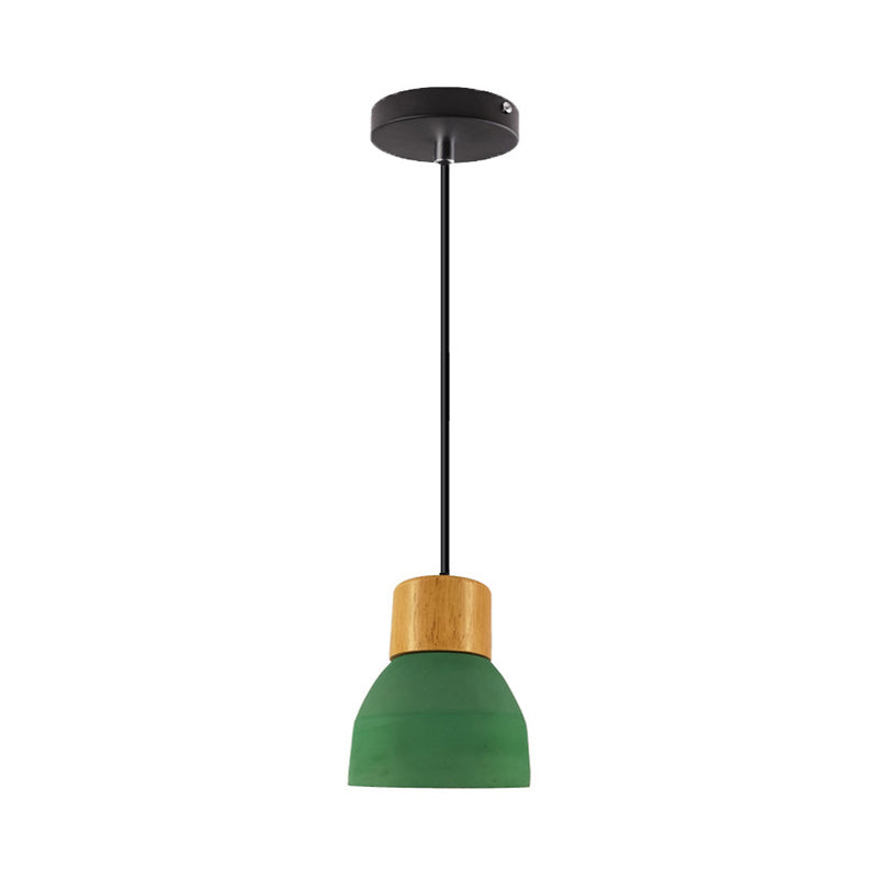 Cone/Bowl Cement Hanging Light Fixture Macaron Single-Bulb Green/Red Pendant Lamp with Wood Top Green A Clearhalo 'Ceiling Lights' 'Modern Pendants' 'Modern' 'Pendant Lights' 'Pendants' Lighting' 1981891