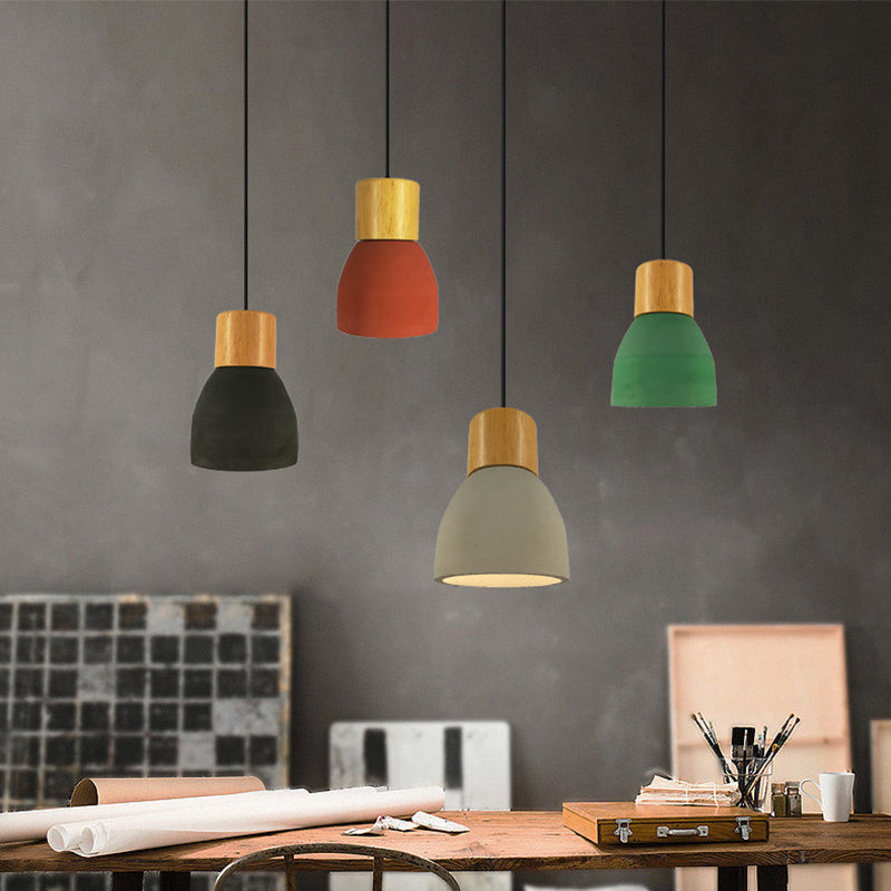 Cone/Bowl Cement Hanging Light Fixture Macaron Single-Bulb Green/Red Pendant Lamp with Wood Top Clearhalo 'Ceiling Lights' 'Modern Pendants' 'Modern' 'Pendant Lights' 'Pendants' Lighting' 1981892