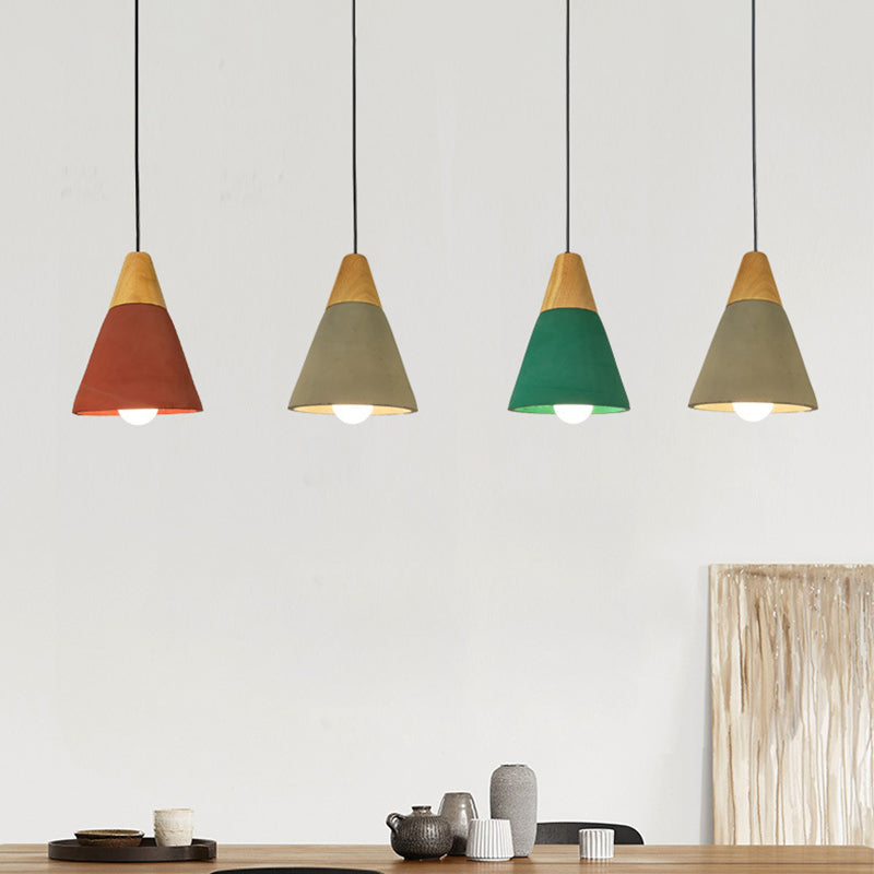Cone/Bowl Cement Hanging Light Fixture Macaron Single-Bulb Green/Red Pendant Lamp with Wood Top Green B Clearhalo 'Ceiling Lights' 'Modern Pendants' 'Modern' 'Pendant Lights' 'Pendants' Lighting' 1981895