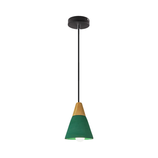 Cone/Bowl Cement Hanging Light Fixture Macaron Single-Bulb Green/Red Pendant Lamp with Wood Top Clearhalo 'Ceiling Lights' 'Modern Pendants' 'Modern' 'Pendant Lights' 'Pendants' Lighting' 1981896