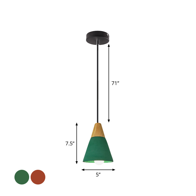 Cone/Bowl Cement Hanging Light Fixture Macaron Single-Bulb Green/Red Pendant Lamp with Wood Top Clearhalo 'Ceiling Lights' 'Modern Pendants' 'Modern' 'Pendant Lights' 'Pendants' Lighting' 1981897