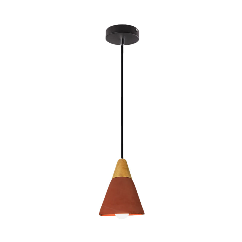 Cone/Bowl Cement Hanging Light Fixture Macaron Single-Bulb Green/Red Pendant Lamp with Wood Top Red B Clearhalo 'Ceiling Lights' 'Modern Pendants' 'Modern' 'Pendant Lights' 'Pendants' Lighting' 1981898