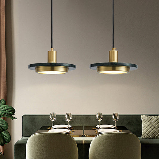Marble Lid Shaped Drop Pendant Postmodern Antiqued Brass and Green LED Ceiling Hang Light Green Clearhalo 'Ceiling Lights' 'Modern Pendants' 'Modern' 'Pendant Lights' 'Pendants' Lighting' 1982155