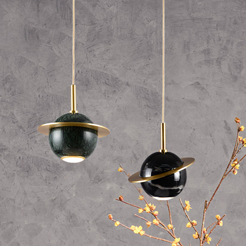 Designer Globe Hanging Light Marble Restaurant LED Pendant Lamp in Black/White/Green with Brass Ring Black Clearhalo 'Ceiling Lights' 'Modern Pendants' 'Modern' 'Pendant Lights' 'Pendants' Lighting' 1982210