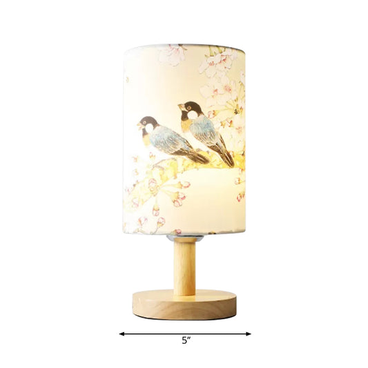 Asian Style Cylinder Reading Light with Bird Wood 1 Light Desk Light for Living Room Clearhalo 'Lamps' 'Table Lamps' Lighting' 198224