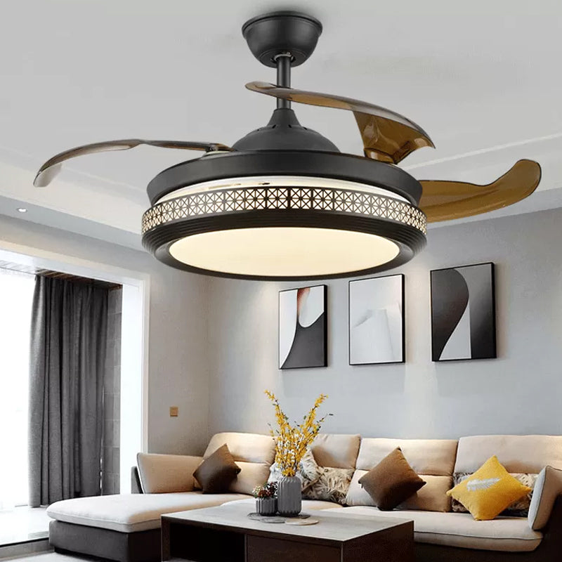 4-Blade Hollow-out Circle Semi Flush Contemporary Acrylic 20" Wide LED Black Pendant Fan Light Fixture Clearhalo 'Ceiling Fans with Lights' 'Ceiling Fans' 'Modern Ceiling Fans' 'Modern' Lighting' 1982272