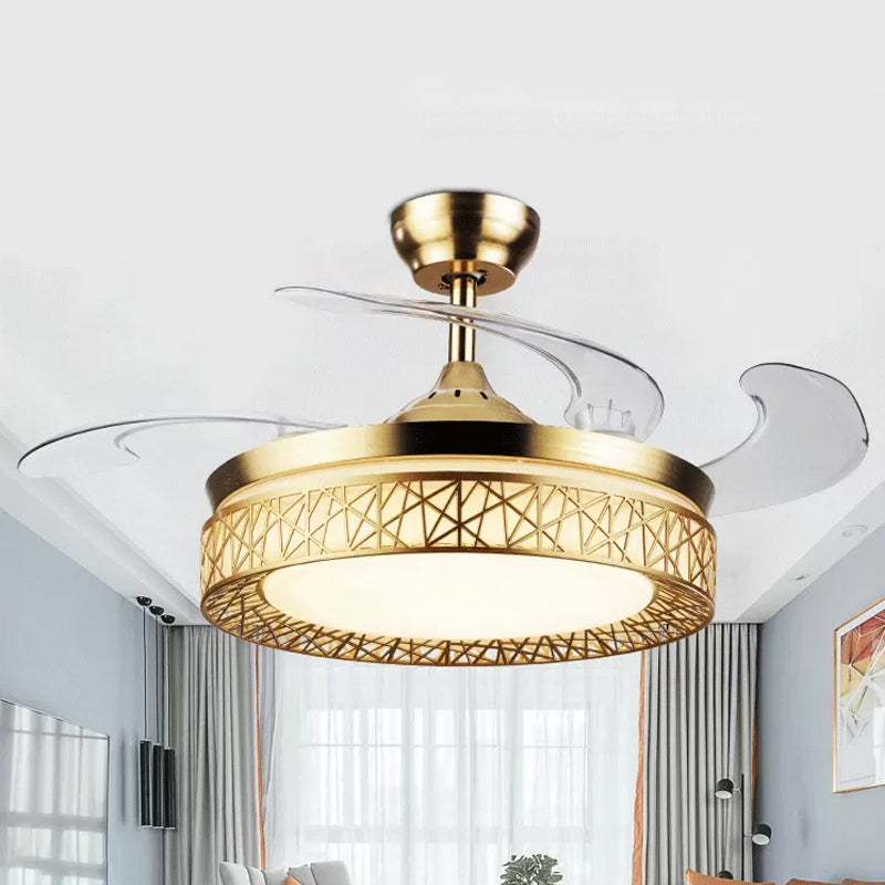 Gold Nest Shaped 4 Blades Semi-Flush Mount Simple LED Metallic Ceiling Fan Light, 19" Wide Gold Clearhalo 'Ceiling Fans with Lights' 'Ceiling Fans' 'Modern Ceiling Fans' 'Modern' Lighting' 1982275