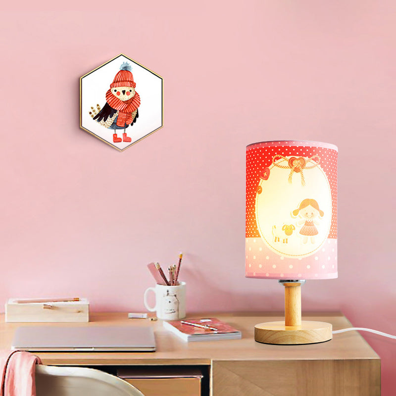 Kids Cylinder Desk Light Fabric and Wood 1 Light Pink Reading Light for Girls Bedroom Clearhalo 'Lamps' 'Table Lamps' Lighting' 198229