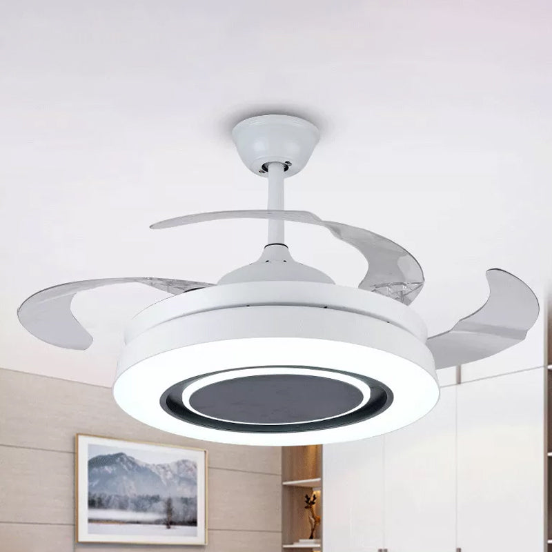 White Round Semi-Flush Mount Nordic 19" Wide LED Metallic Hanging Fan Light Fixture, 4 Blades Clearhalo 'Ceiling Fans with Lights' 'Ceiling Fans' 'Modern Ceiling Fans' 'Modern' Lighting' 1982300