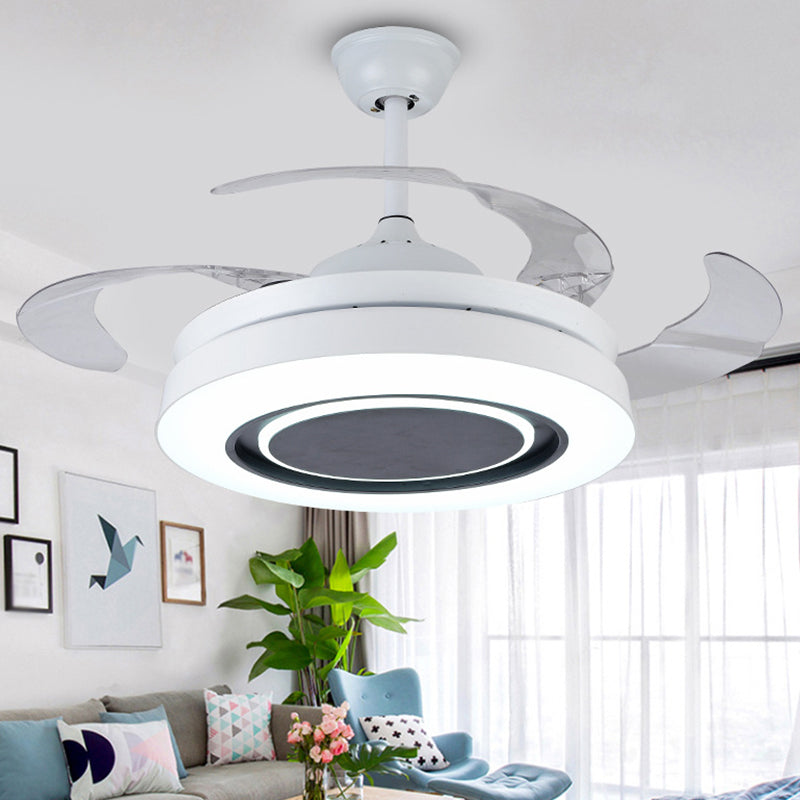 White Round Semi-Flush Mount Nordic 19" Wide LED Metallic Hanging Fan Light Fixture, 4 Blades Clearhalo 'Ceiling Fans with Lights' 'Ceiling Fans' 'Modern Ceiling Fans' 'Modern' Lighting' 1982302