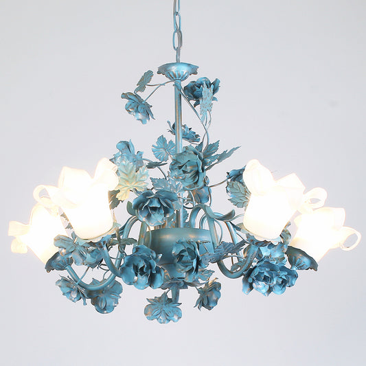 Flower Living Room Chandelier Lamp Korean Garden Milky Frosted Glass 3/5/8-Bulb Blue Hanging Ceiling Light Clearhalo 'Ceiling Lights' 'Chandeliers' Lighting' options 1982306