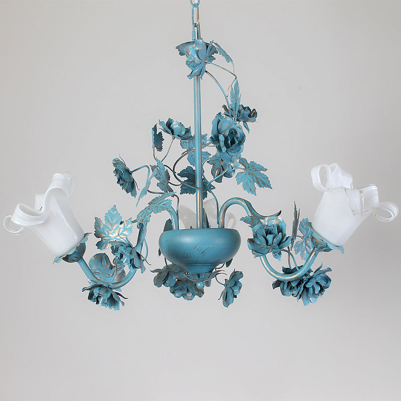 Flower Living Room Chandelier Lamp Korean Garden Milky Frosted Glass 3/5/8-Bulb Blue Hanging Ceiling Light Clearhalo 'Ceiling Lights' 'Chandeliers' Lighting' options 1982310